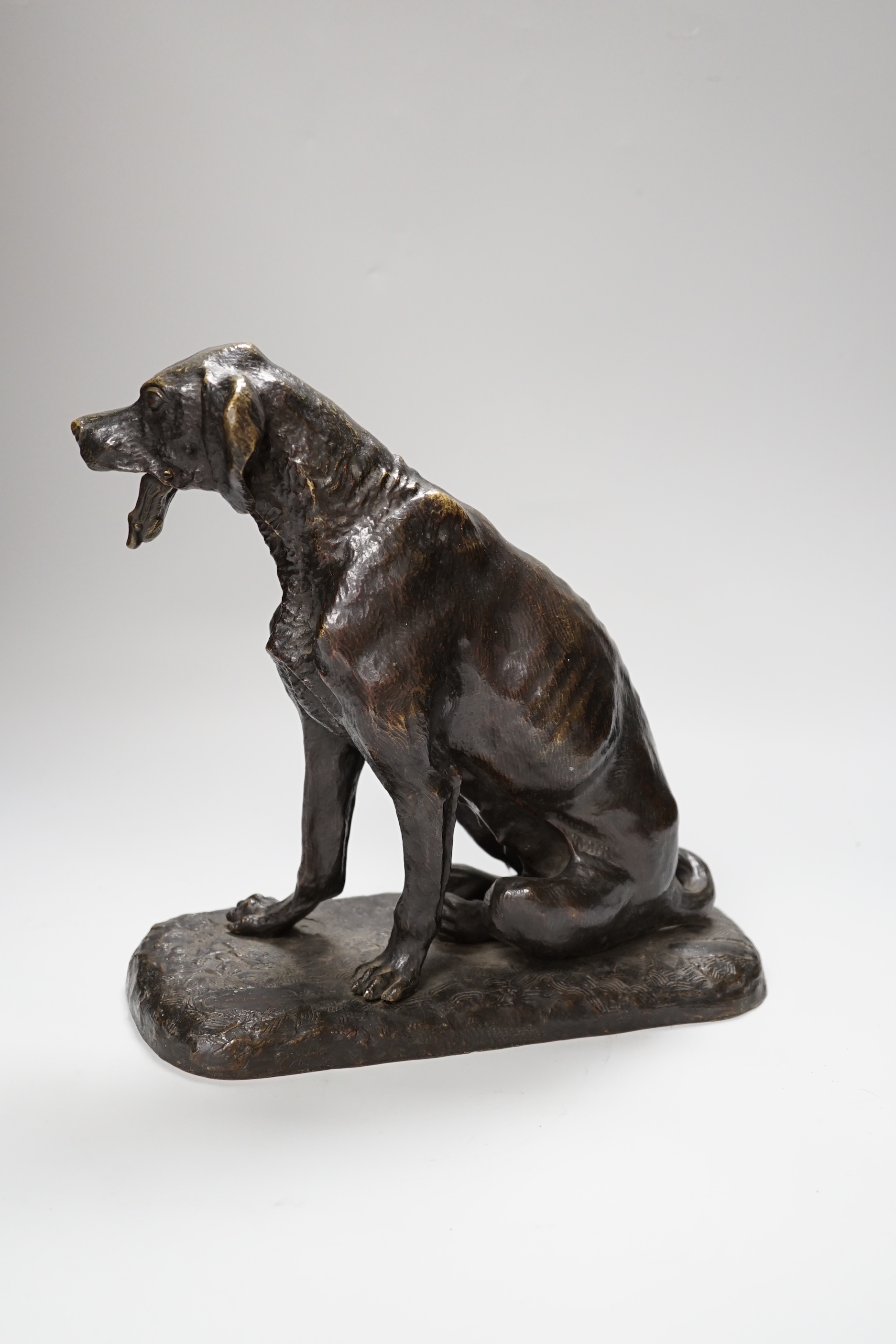 A late 19th century bronze hound with an articulated mouth, 26cm high